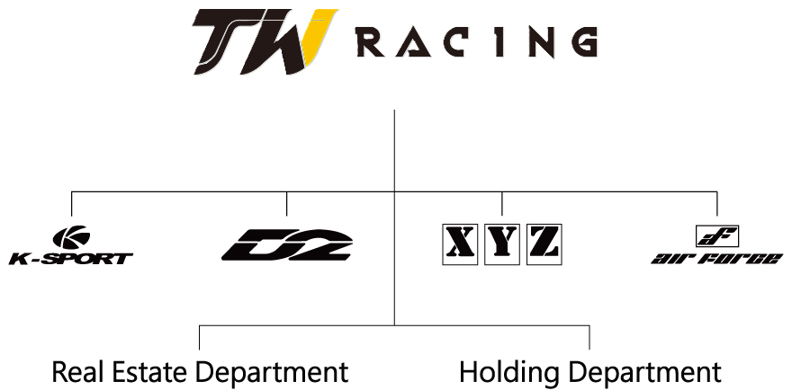 Organization chart: TW RACING leads the K-SPORT, D2, XYZ and AIR FORCE brands, plus the Real Estate Department and Holding Department.