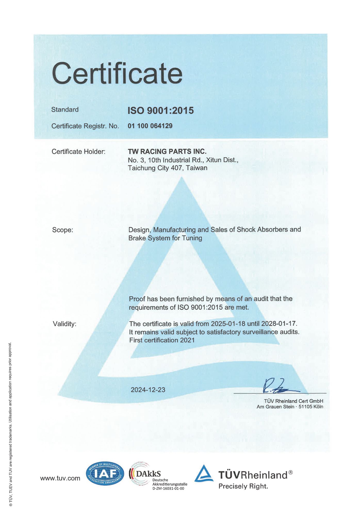 TÜV Rheinland ISO 9001:2015 certificate