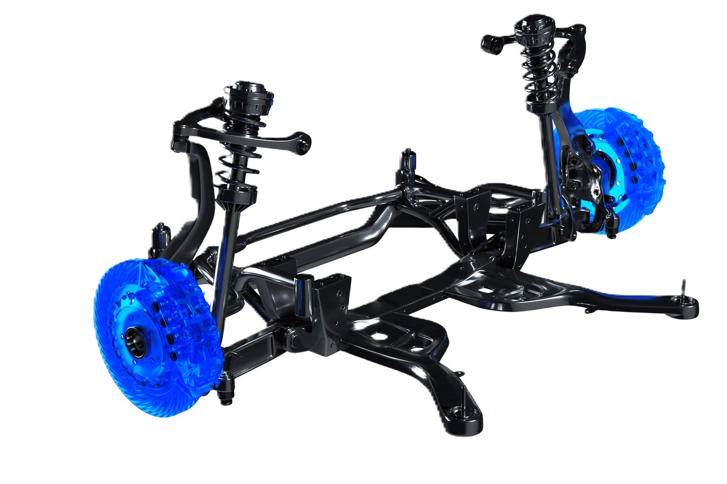 Suspension assembly with the brake discs and calipers highlighted