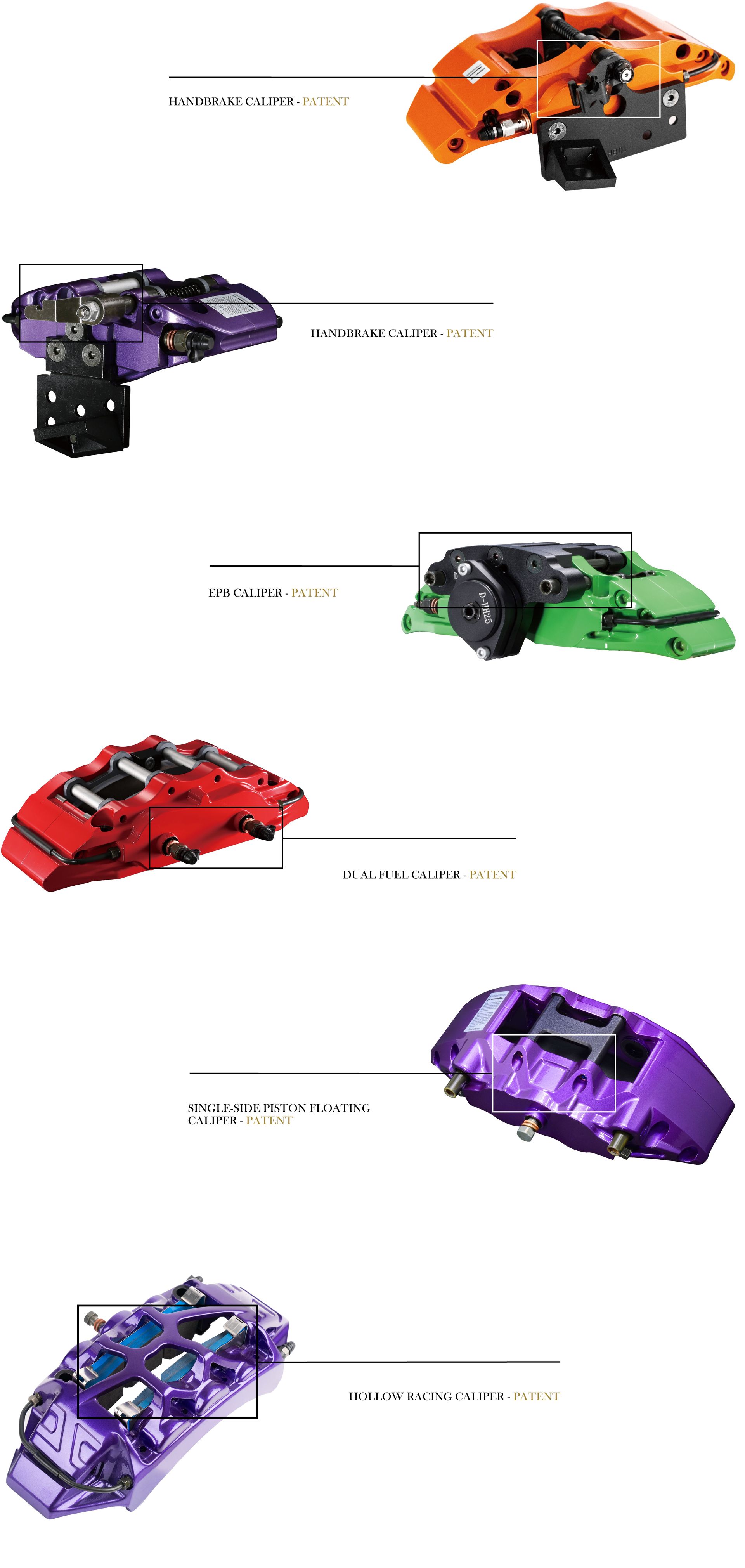 Patented brake calipers, each labelled with its patent.