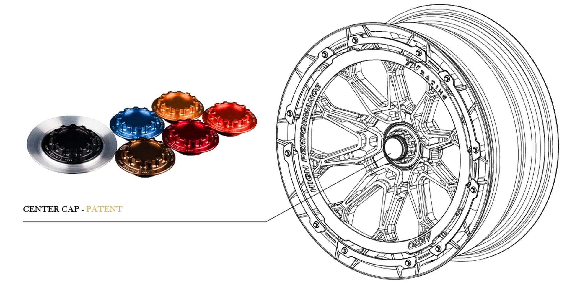 Forged wheel with its patented center cap.