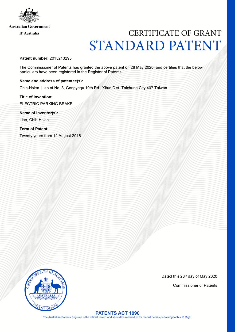 Brakes patent certificate 39 of 44