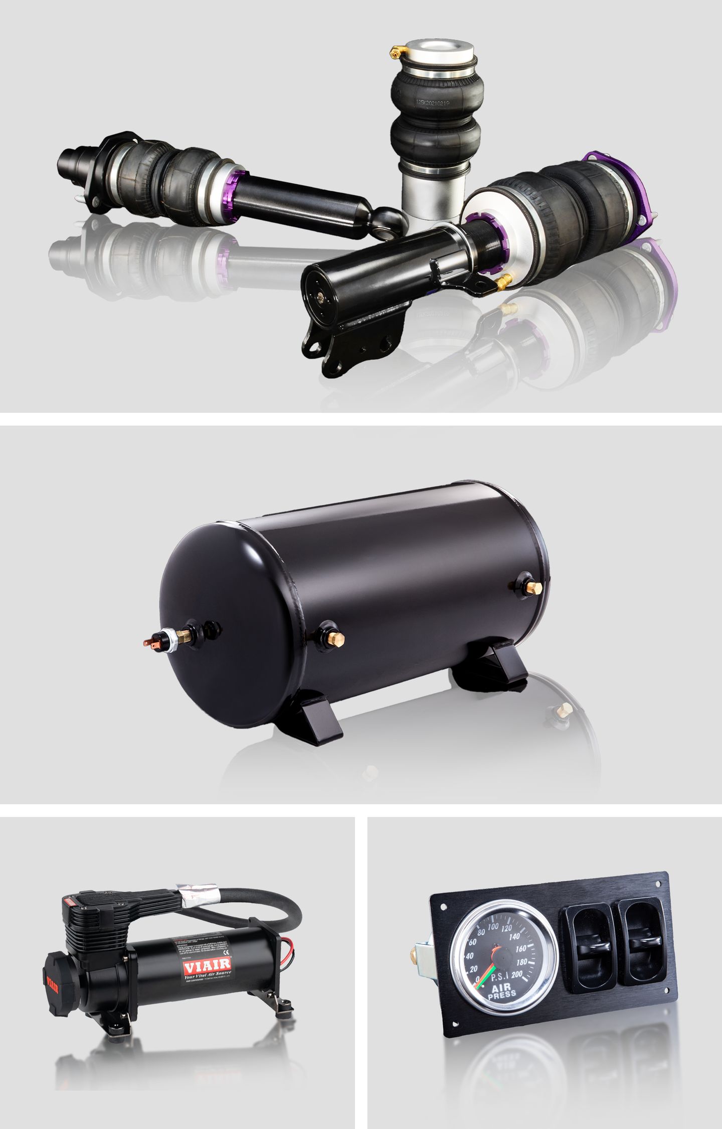 BASIC kit: air struts, steel air tank, compressor and gauge panel