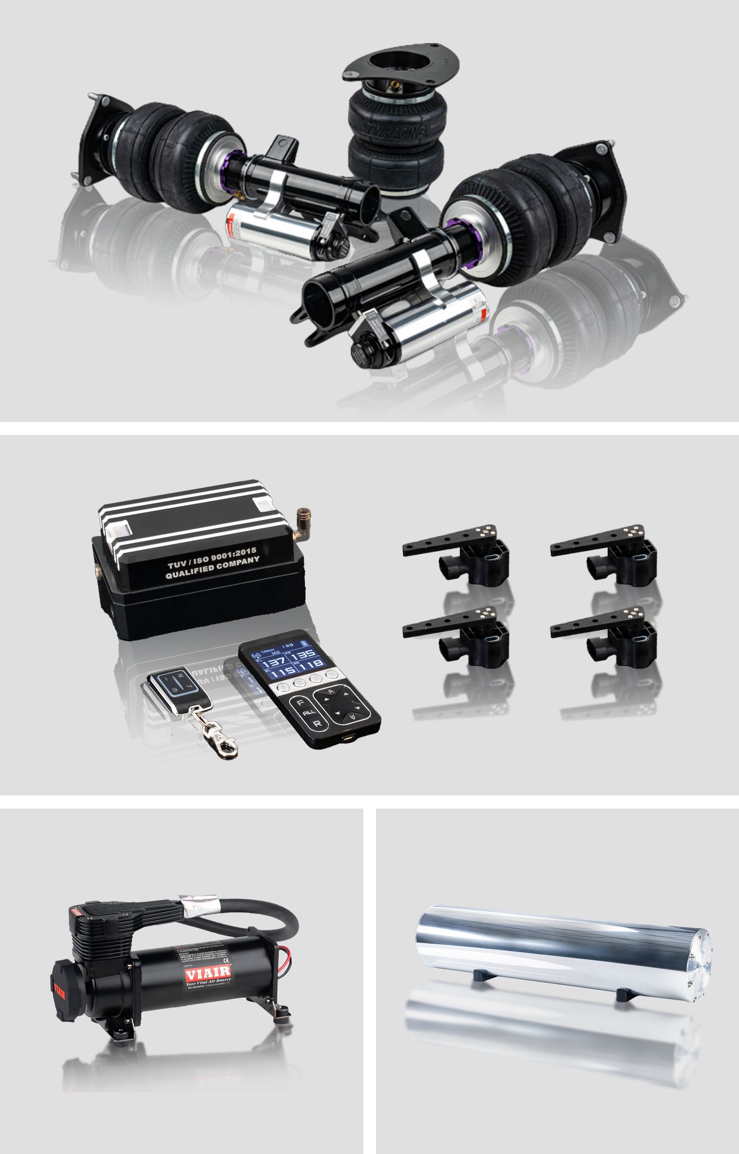 DIAMOND kit: air struts with nitrogen reservoir, remote controls, control box, compressor and aluminium air tank