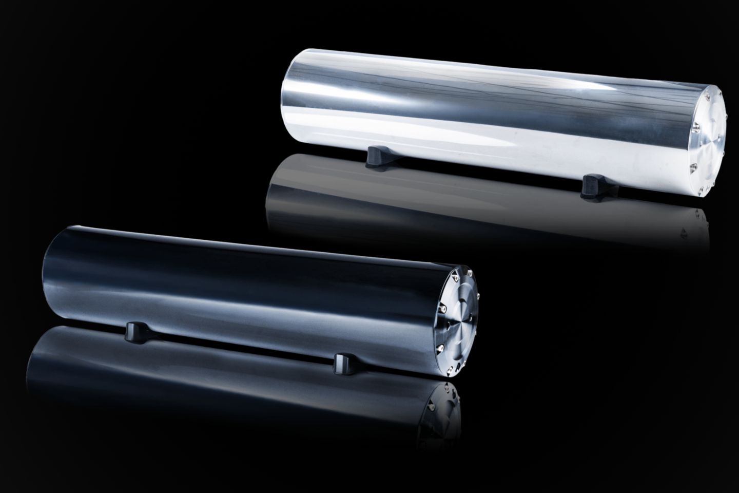 One-piece CNC-machined air tanks in silver and black