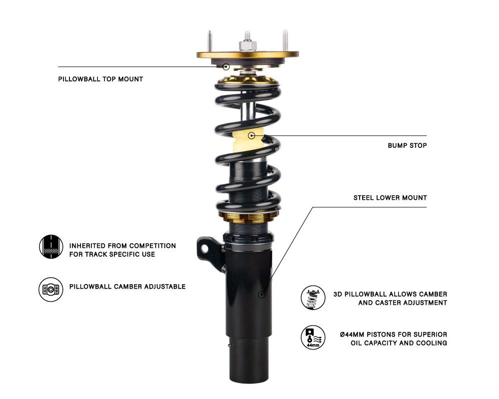 Circuit coilover with its parts labelled: pillowball top mount, bump stop, steel lower mount, 3D pillowball camber and caster adjustment, Ø44mm pistons