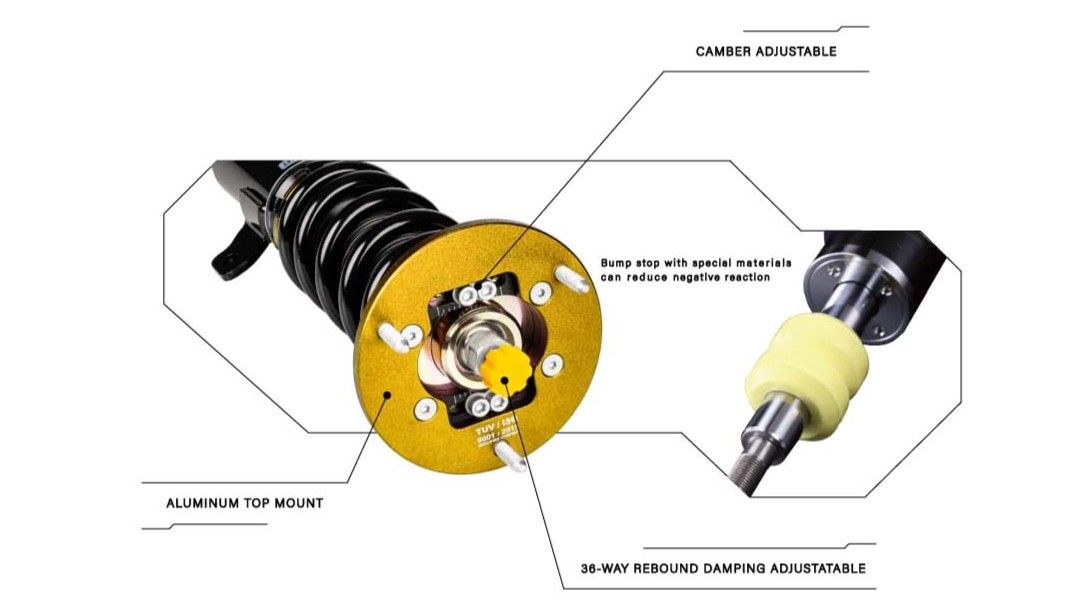 Camber adjustable aluminum top mount, bump stop and 36-way rebound damping adjuster