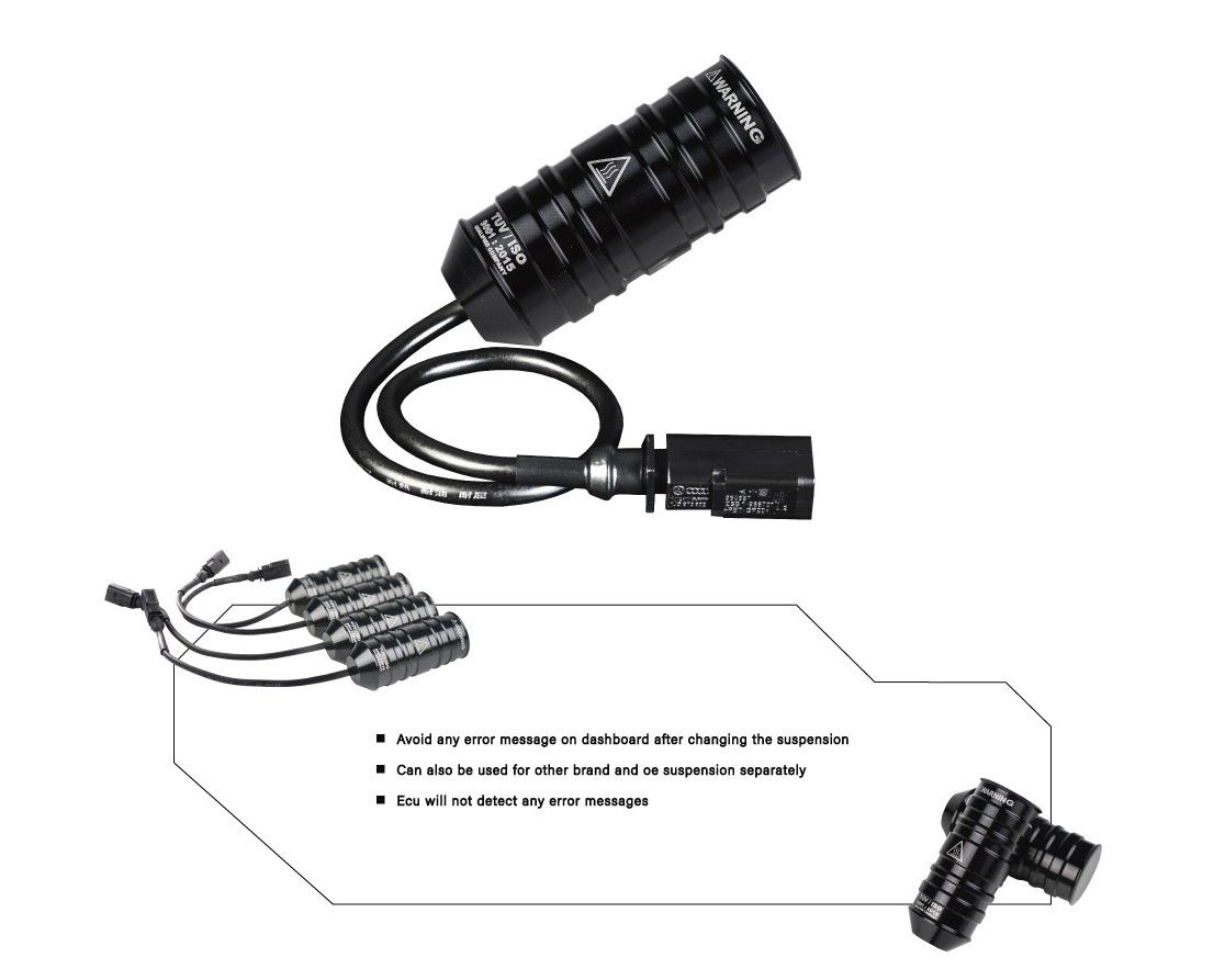 Damping cancellation kit: avoids error messages on the dashboard after changing the suspension, and can be used with other suspension brands