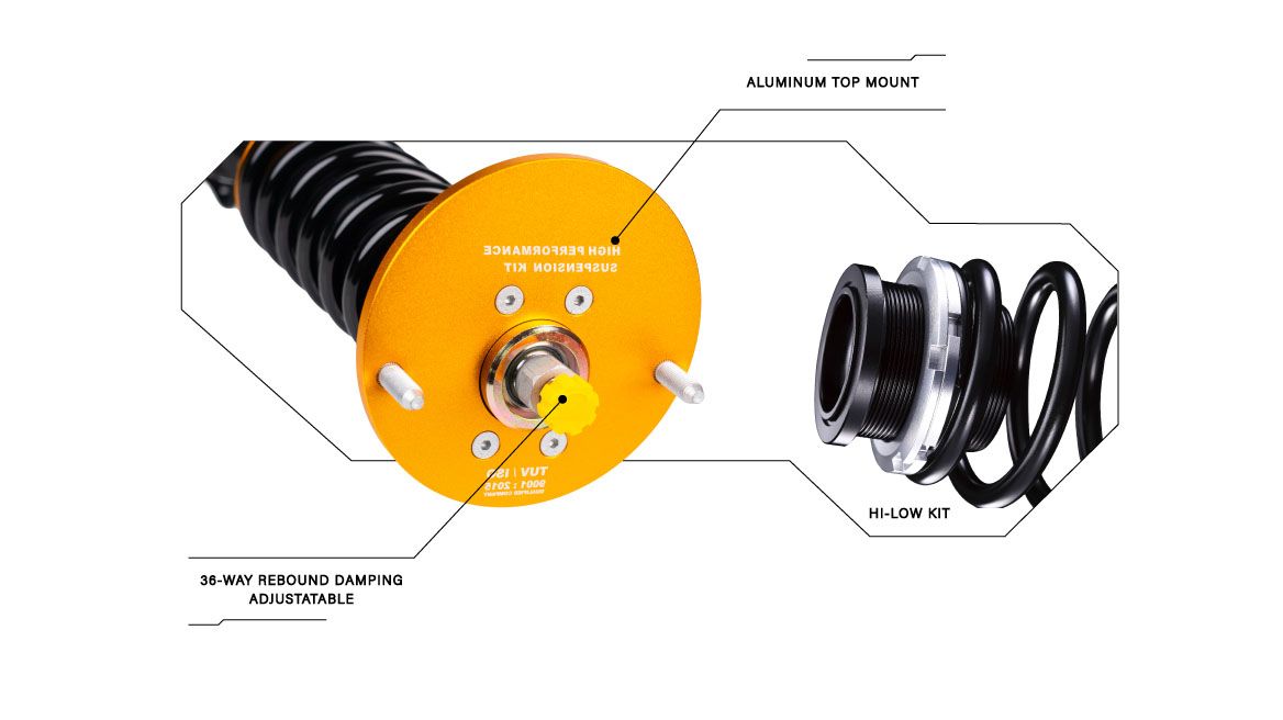 Aluminum top mount with the 36-way rebound damping adjuster, and the hi-low kit