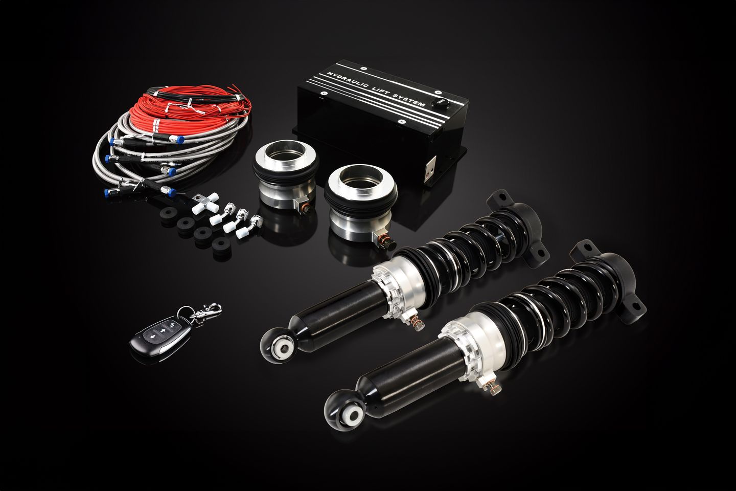 Hydraulic lift system kit with remote control, ECM, hoses and coilovers