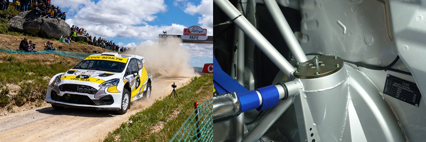 Rally car on gravel, and a strut tower modified for the professional suspension