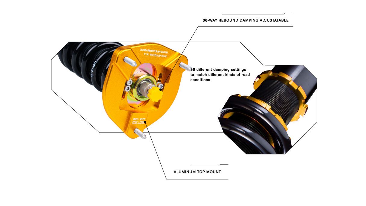 Aluminum top mount and 36-way rebound damping adjuster