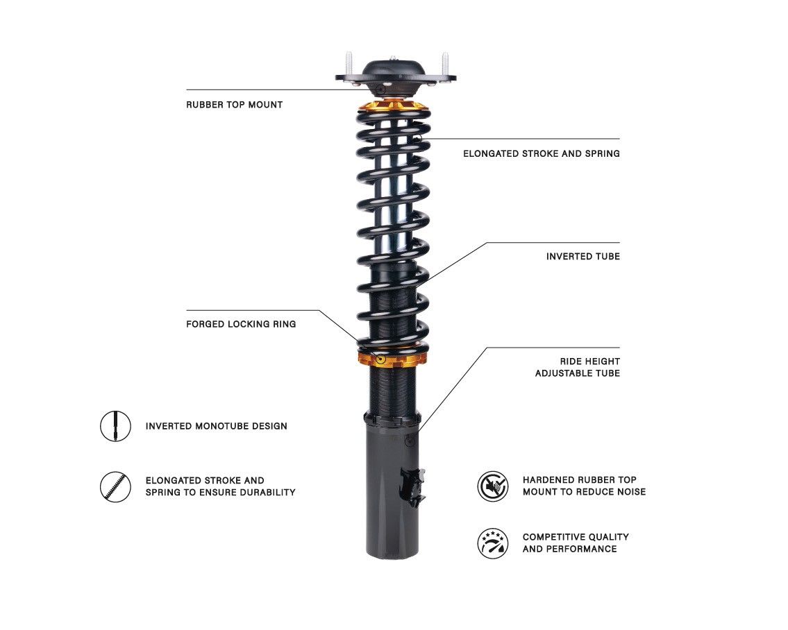 Rally Gravel Snow coilover with its parts labelled: rubber top mount, elongated stroke and spring, inverted tube and ride height adjustable tube