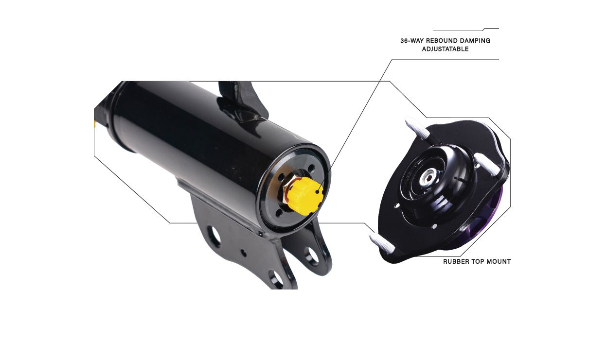 36-way rebound damping adjuster and rubber top mount