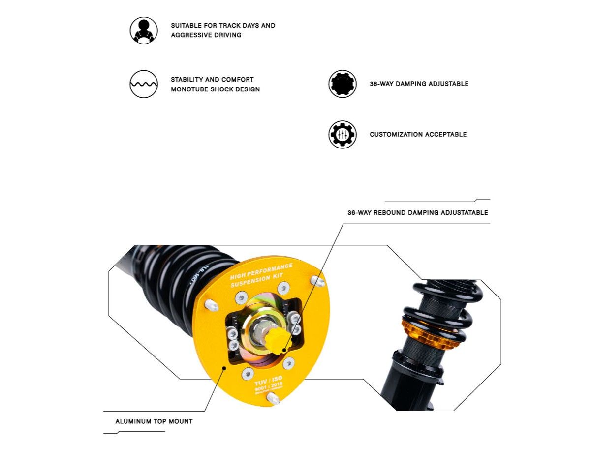 Sport coilover features: for track days and aggressive driving, stable and comfortable monotube design, 36-way damping adjustable, aluminum top mount