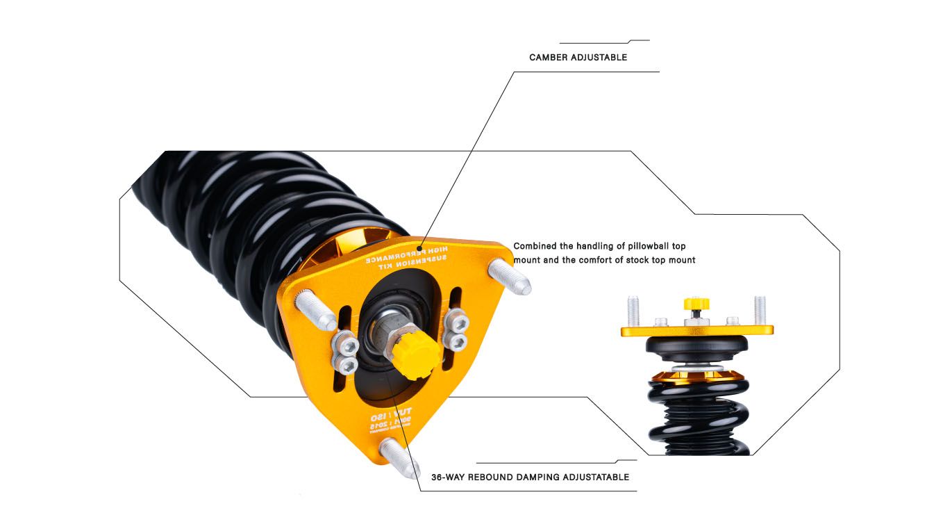 Camber adjustable pillowball rubber top mount with the 36-way rebound damping adjuster