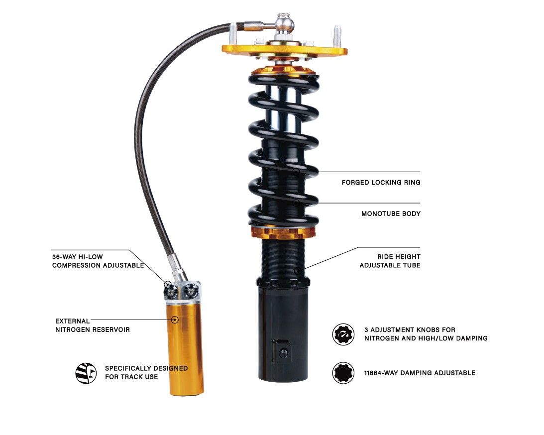 Super Racing coilover with external nitrogen reservoir and its parts labelled