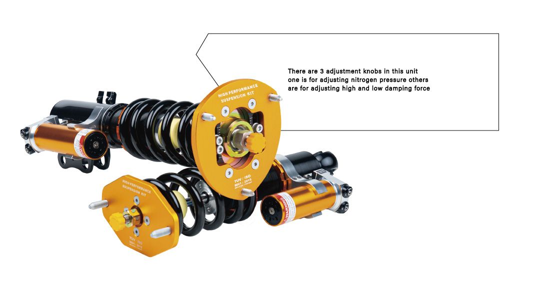 Super Racing coilover set with three adjustment knobs