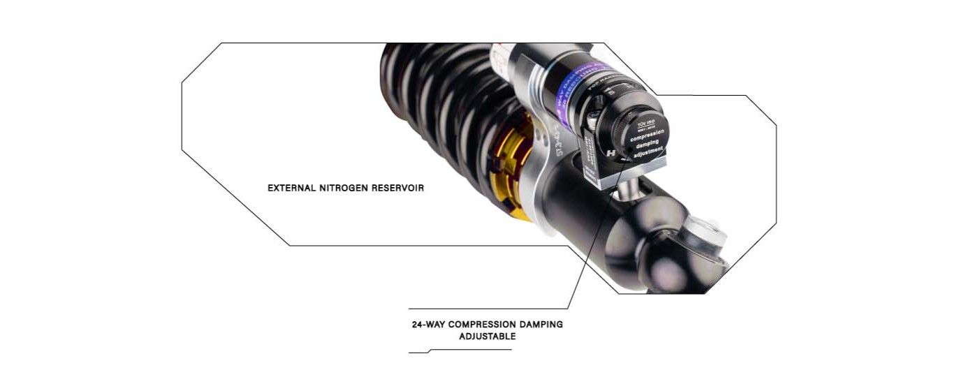 External nitrogen reservoir and 24-way compression damping adjuster