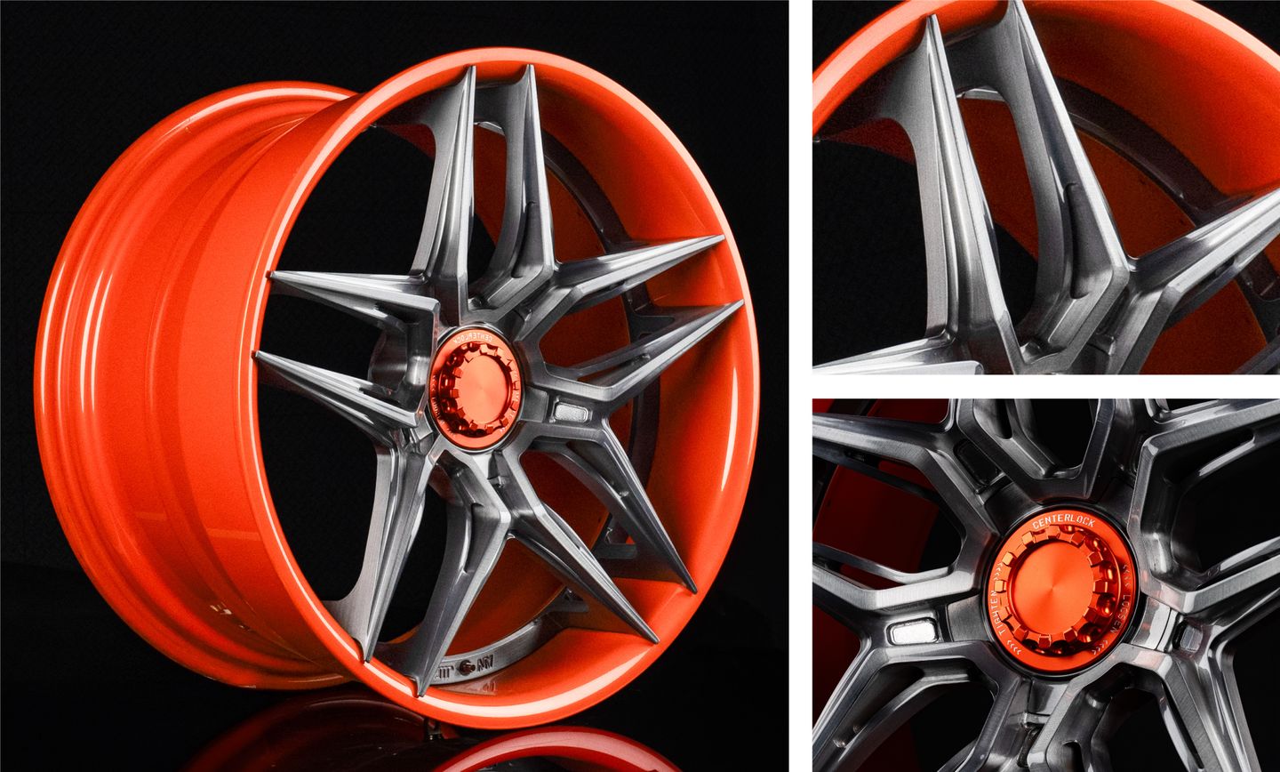 SN series wheel with an orange anodized nut, and two close-ups